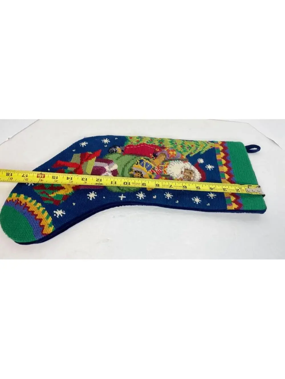 Needlepoint Vintage Santa Sleigh Tree  Christmas Stocking  Navy Velvet